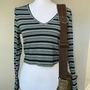 Shein Green Black Striped Ribbed Long Sleeve Crop Top V‎ Neck Large Y2K